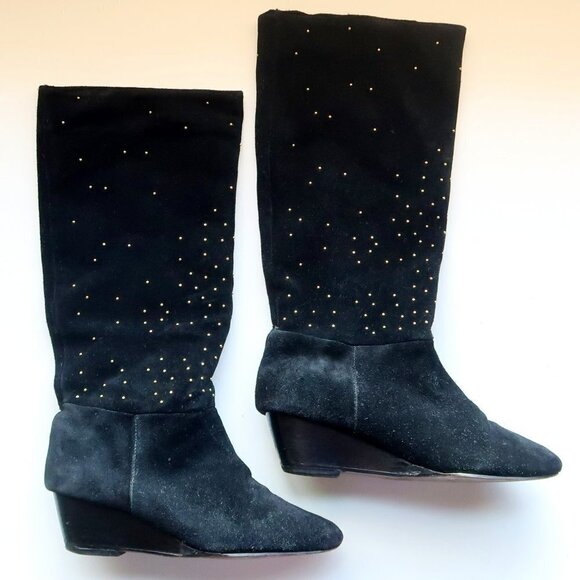 Anthropologie Matiko Black Suede Leather Gold Stud Wedge Heel Tall Boots Size 7 - Picture 8 of 13